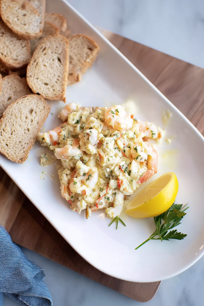 Herbed shrimp mixture served with crusty baguette slices and a fresh lemon half.