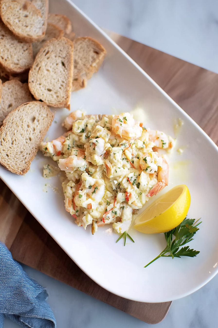Herbed shrimp mixture served with crusty baguette slices and a fresh lemon half.