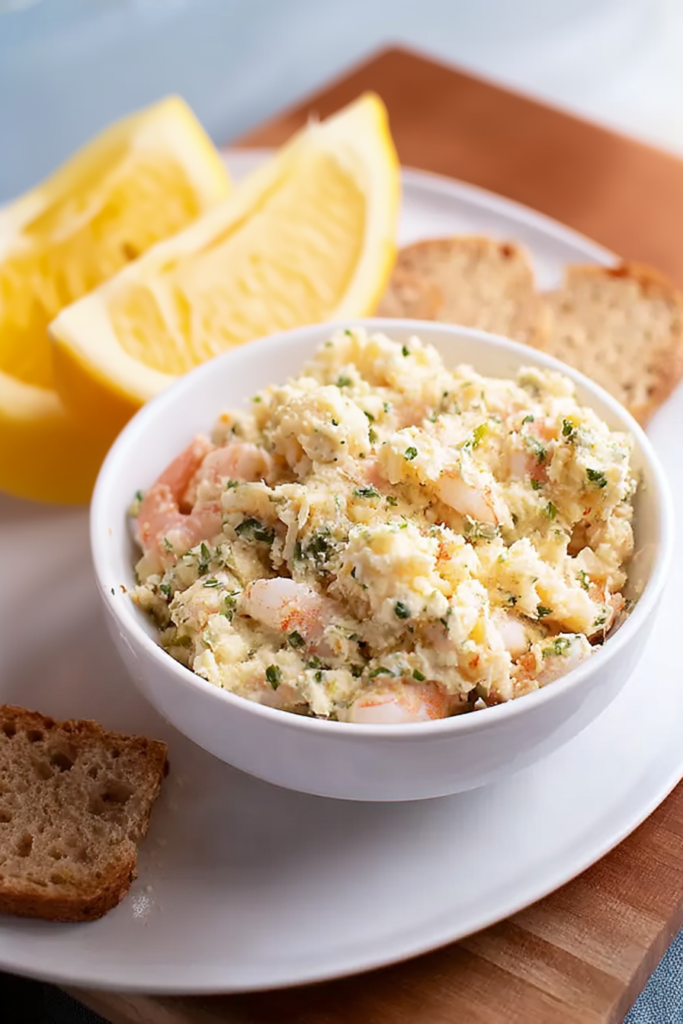 Creamy shrimp spread with fresh herbs served in a small white bowl with toasted bread slices.