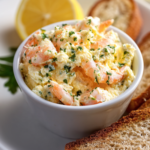 Savory shrimp butter in a ramekin paired with toasted bread for spreading.
