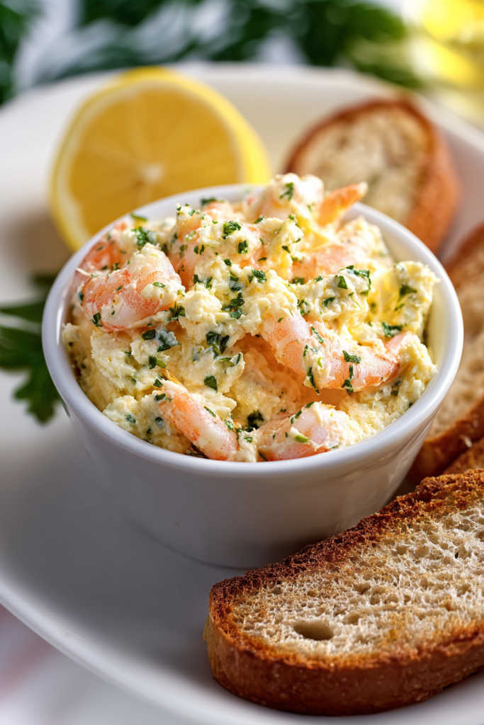 Savory shrimp butter in a ramekin paired with toasted bread for spreading.