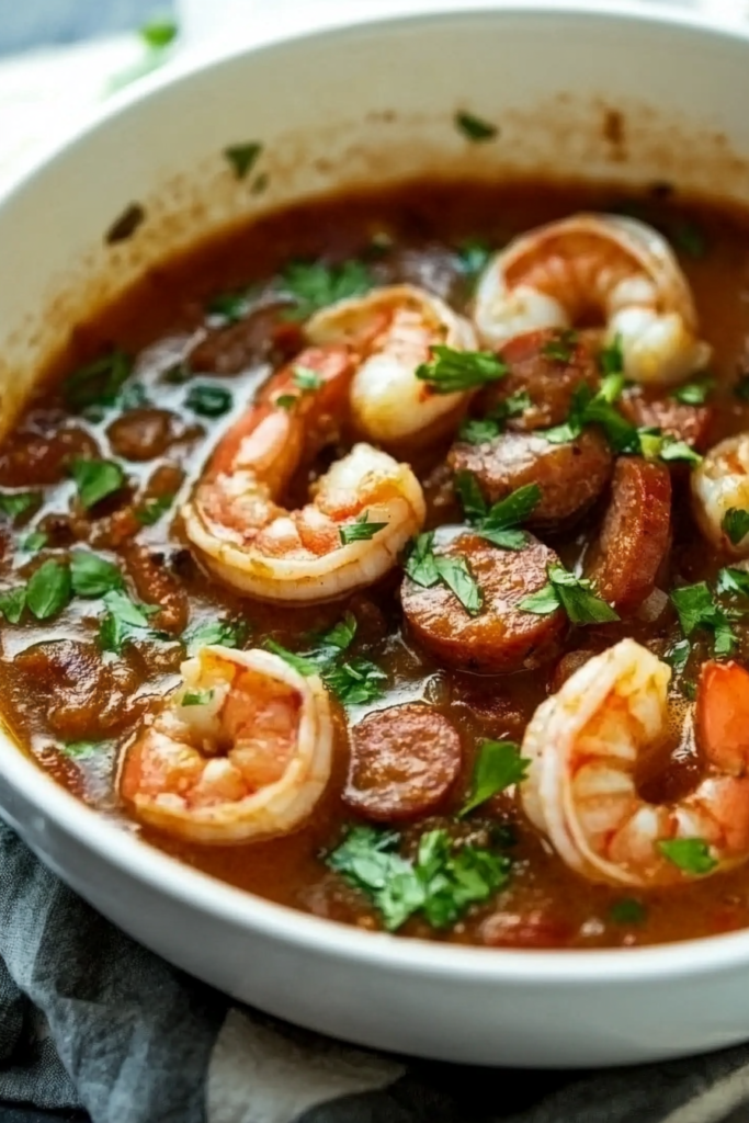 Close-up of hearty gumbo showing plump shrimp, sliced sausage, and peppers in a thick Creole-style stew.