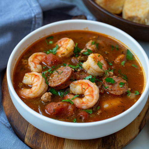 White bowl filled with gumbo, served on a wooden table with crusty bread in the background.