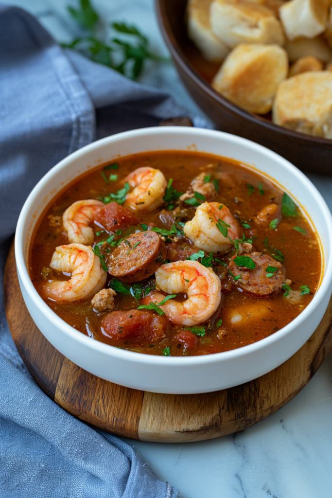 White bowl filled with gumbo, served on a wooden table with crusty bread in the background.