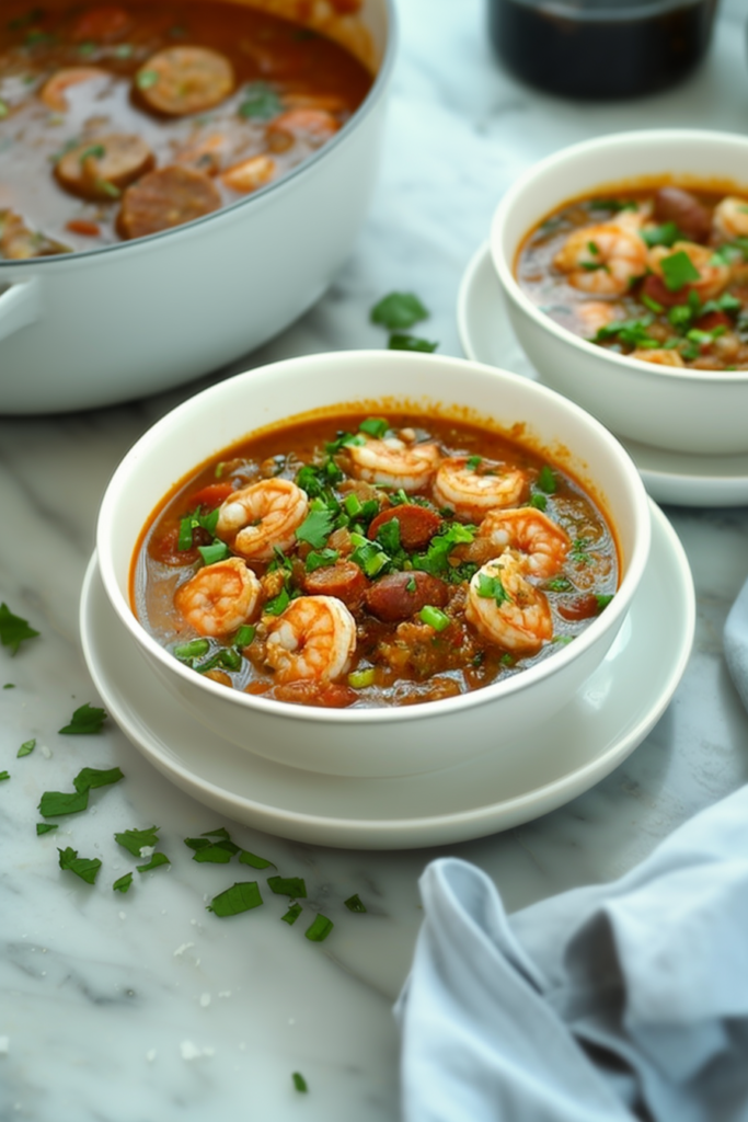 Rustic presentation of gumbo highlighting shrimp, sausage, and tomatoes in a flavorful broth.