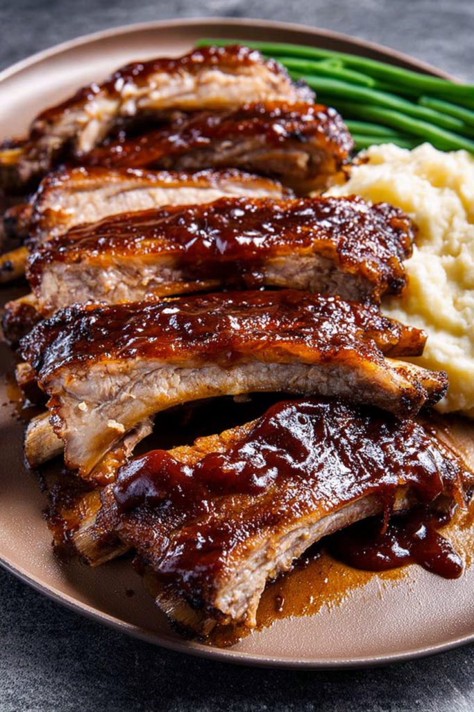 Close-up of saucy ribs stacked on a plate with a side of creamy mashed potatoes.