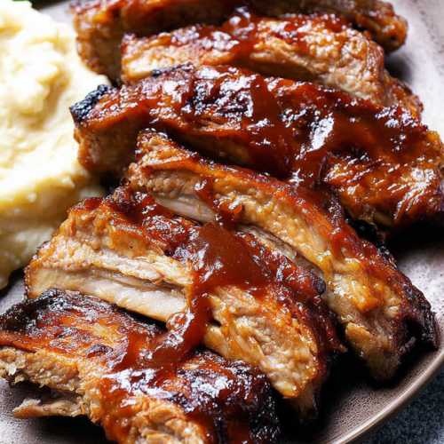 Sticky glazed ribs arranged on a plate with vegetables and mashed potatoes.