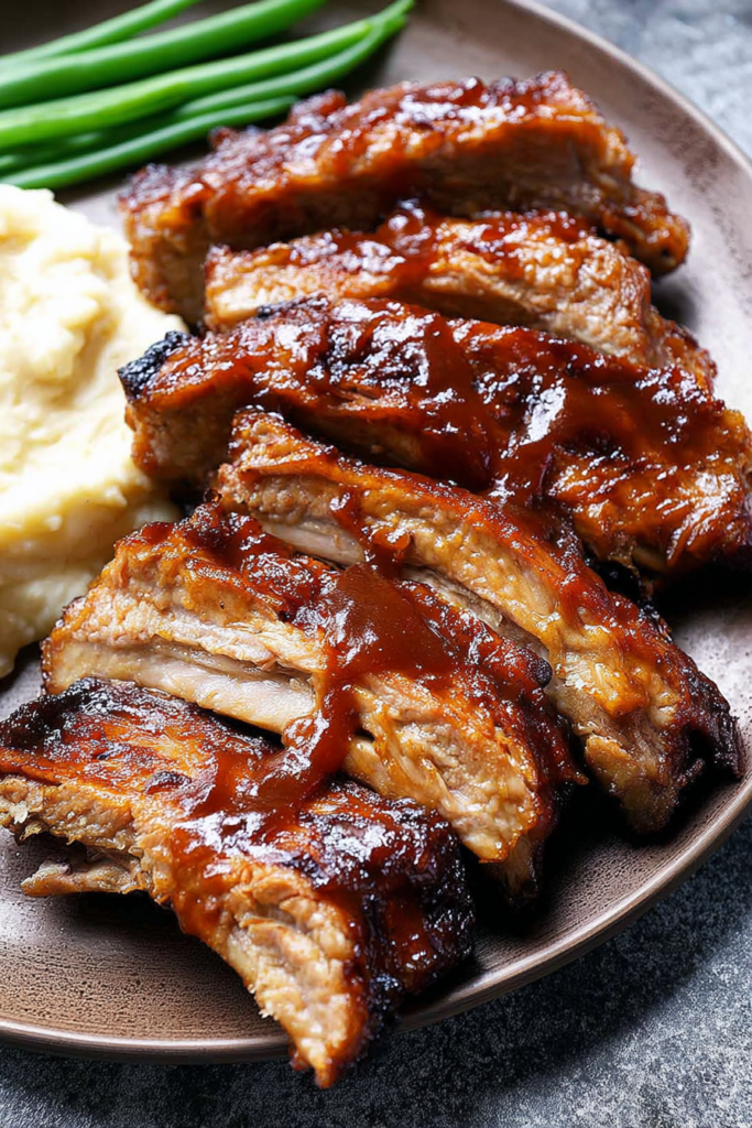Sticky glazed ribs arranged on a plate with vegetables and mashed potatoes.