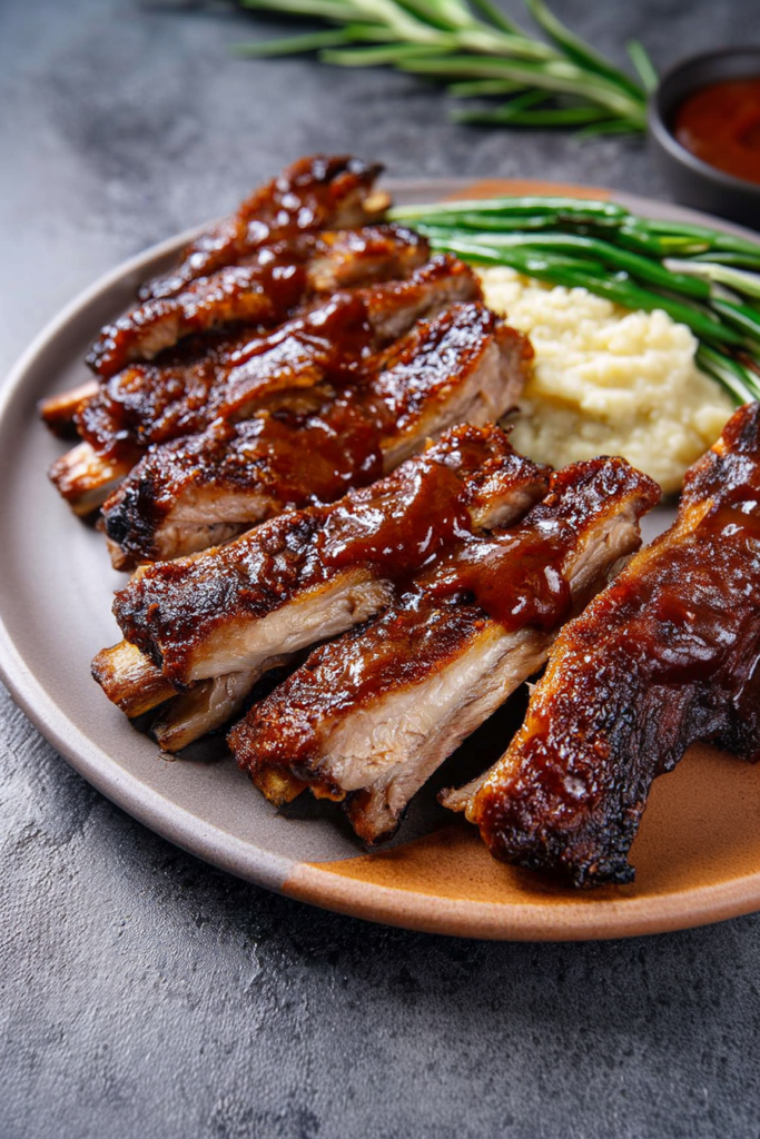 Fall-off-the-bone pork ribs finished with a thick savory sauce, ready to serve.