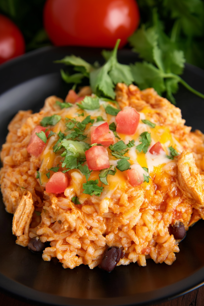 Hearty serving of shredded chicken and rice styled with fresh herbs