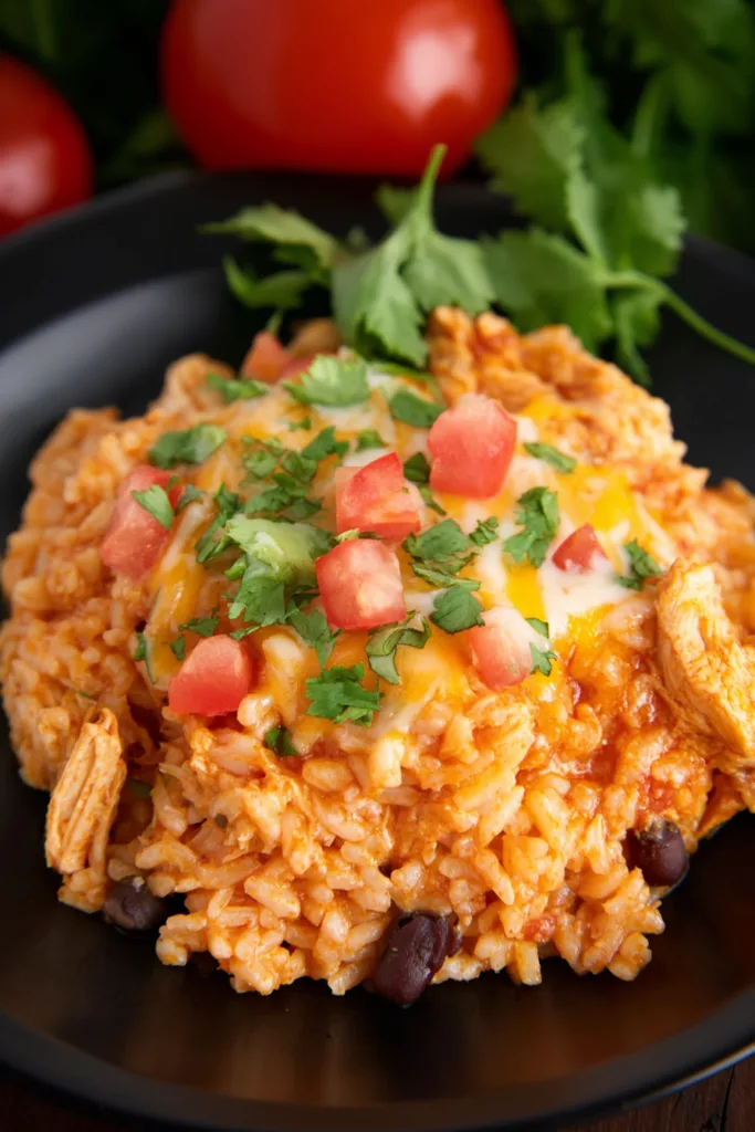 Hearty serving of shredded chicken and rice styled with fresh herbs