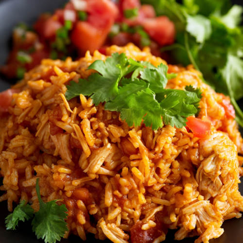 Rustic presentation of golden rice and chicken with a side of salsa