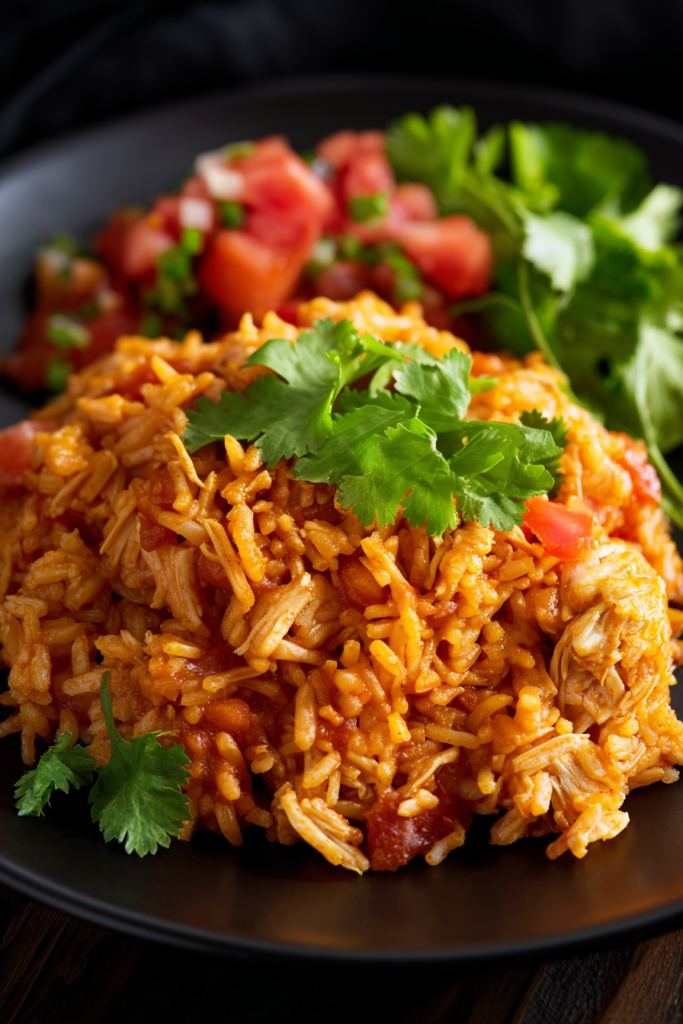 Rustic presentation of golden rice and chicken with a side of salsa