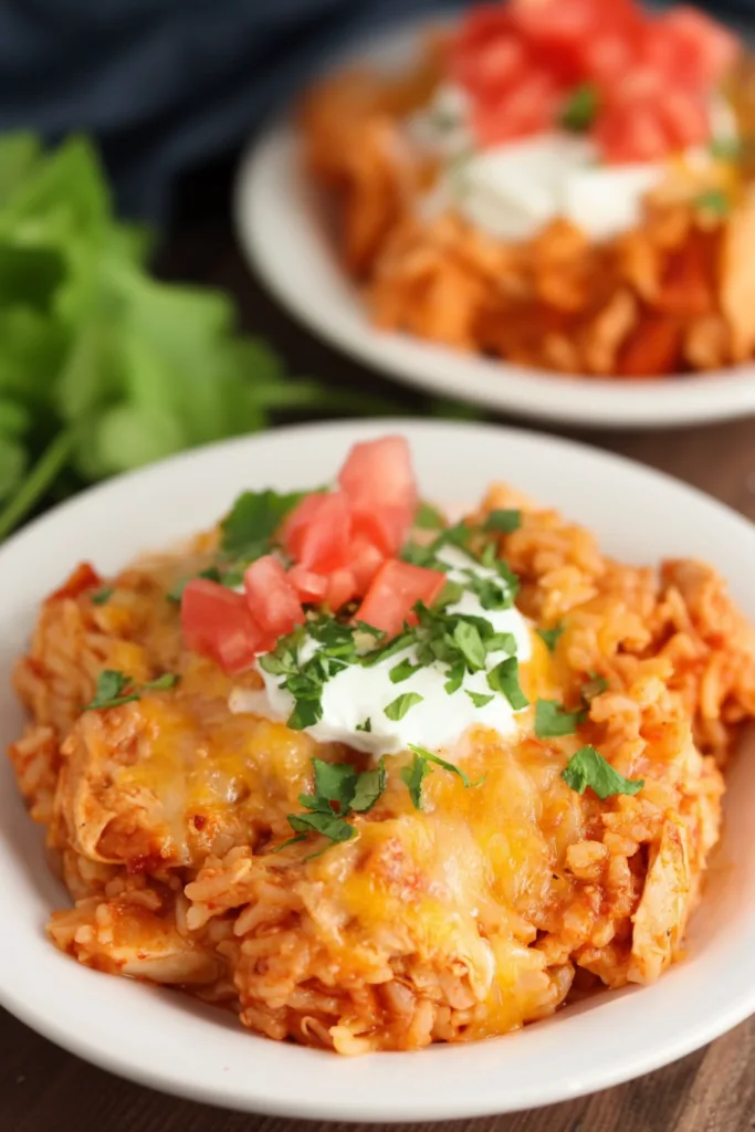 Plate of richly colored rice mixed with shredded chicken and fresh cilantro garnish