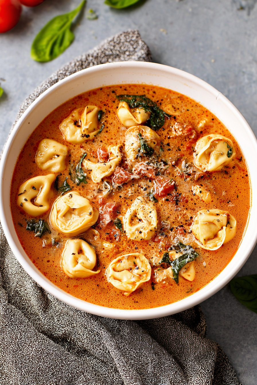 Close-up of tortellini floating in rich tomato soup topped with grated cheese