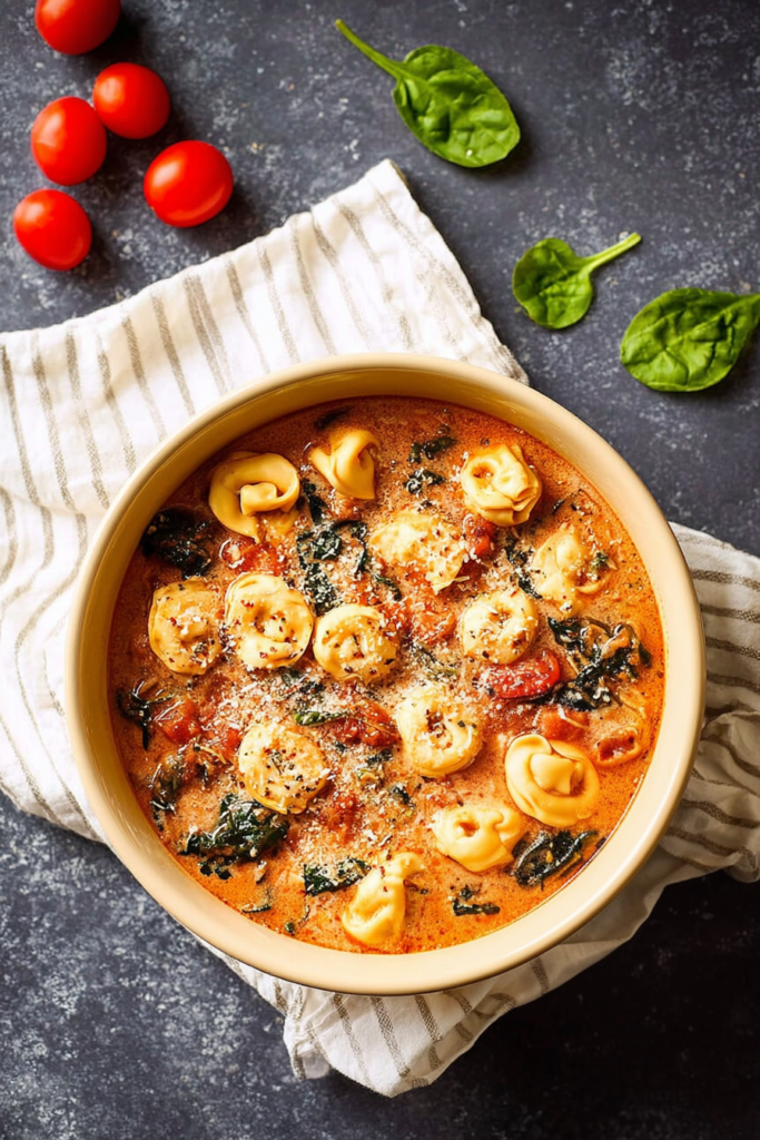 Bowl of creamy tomato broth with cheese-filled tortellini and fresh spinach leaves