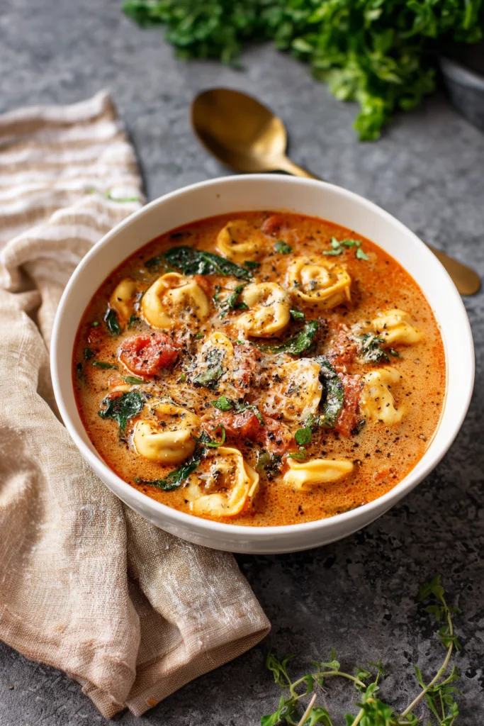 Warm, comforting soup with tortellini and greens on a textured cloth setting