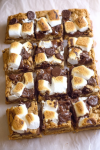 Freshly baked dessert squares with gooey chocolate and lightly toasted marshmallows.