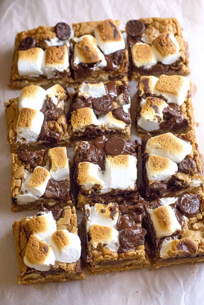 Freshly baked dessert squares with gooey chocolate and lightly toasted marshmallows.