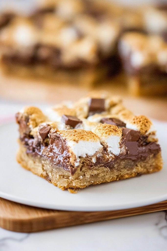 Close-up of layered dessert bars with melted chocolate and golden marshmallows.
