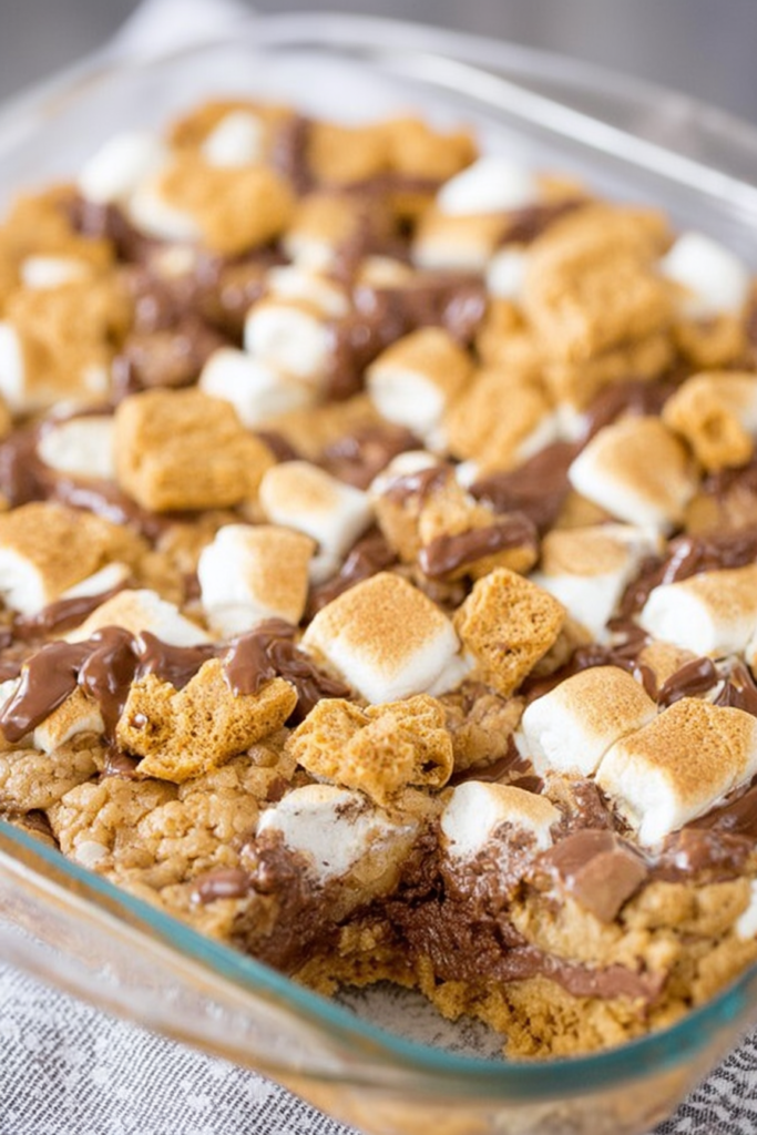 Gooey chocolate and toasted marshmallow bars baked in a glass dish.