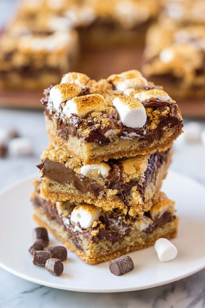 Soft graham cracker cookie base with melted chocolate and marshmallow topping.