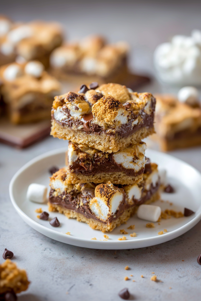 Baked cookie bars topped with toasted marshmallows and chocolate pieces.