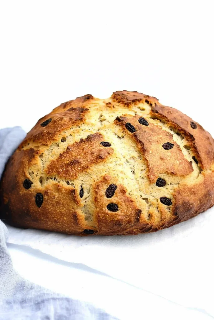 Final shot of rustic bread highlighting its golden crust, airy crumb, and scattered raisins for a homemade feel.