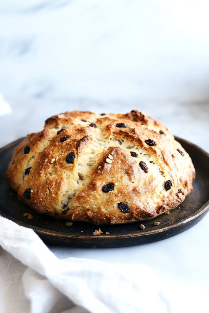 Freshly baked rustic bread dotted with raisins, crumbs scattered around the plate for a homestyle presentation.