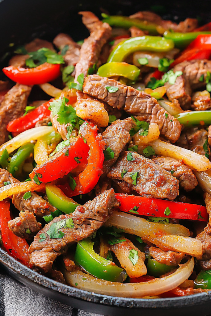Close-up of colorful fajita mix with fresh cilantro garnish.
