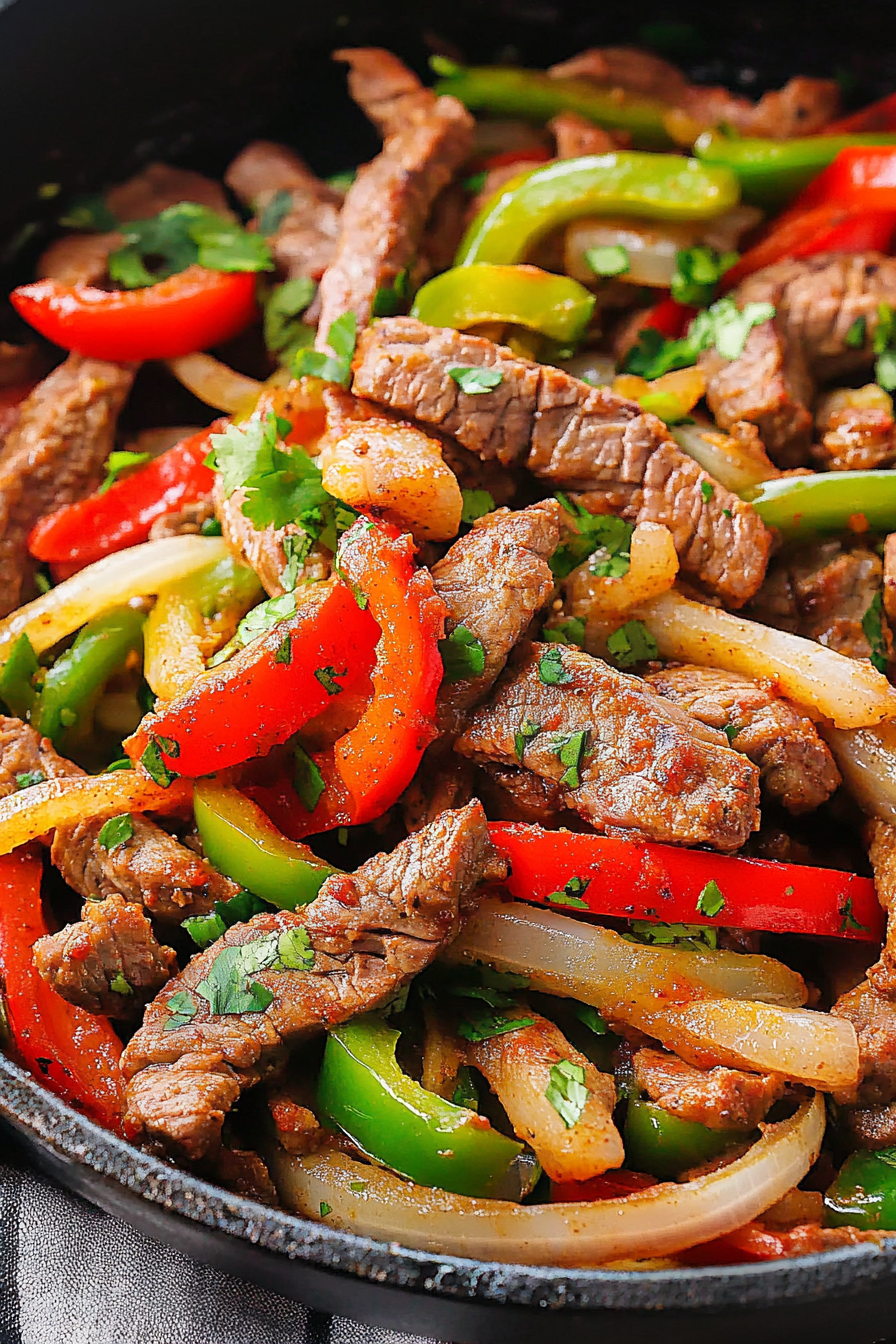 Close-up of colorful fajita mix with fresh cilantro garnish.