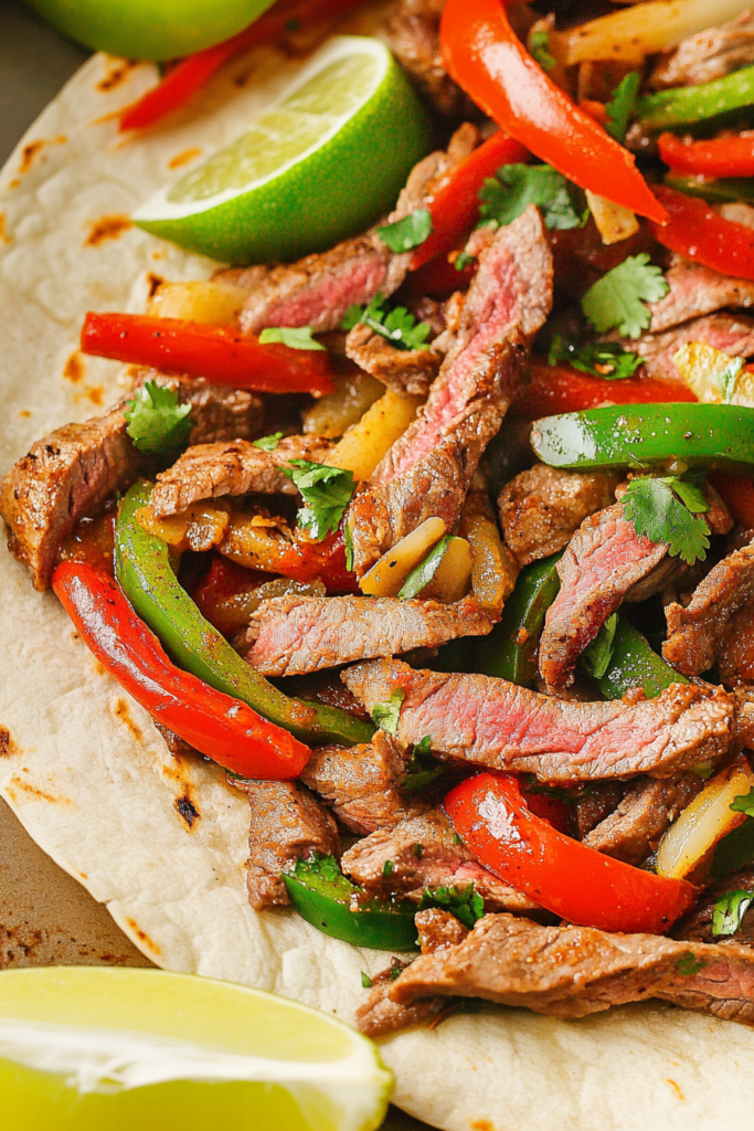Tex-Mex dish featuring tender steak and vibrant vegetables.
