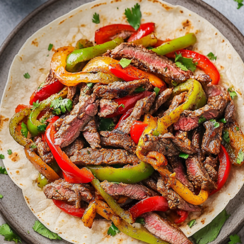 Savory fajitas served with onions, peppers, and herbs.