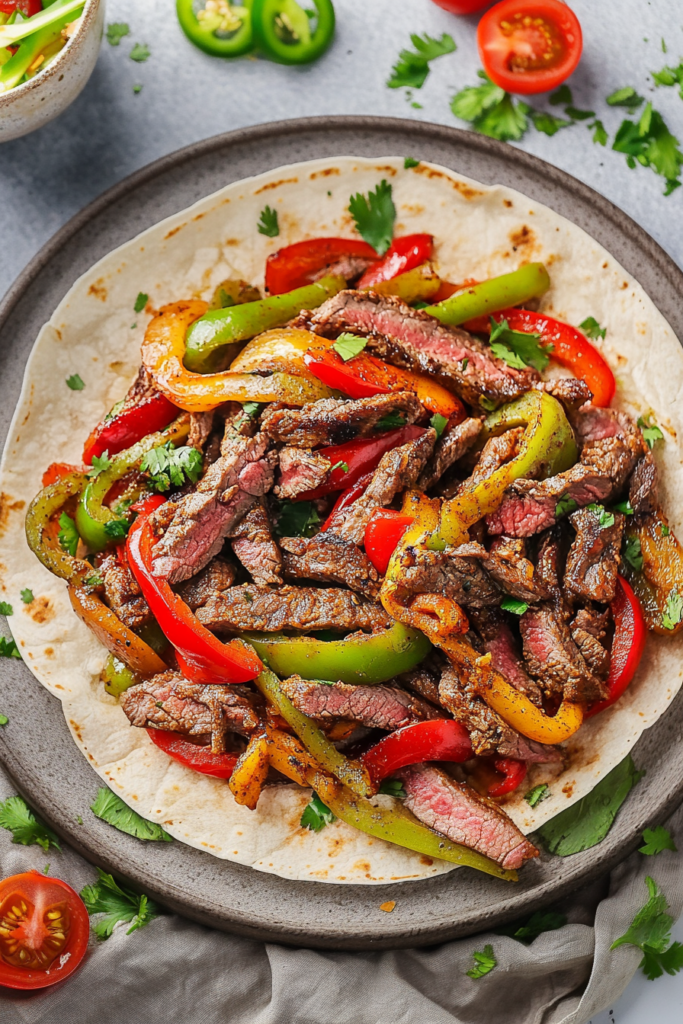 Savory fajitas served with onions, peppers, and herbs.