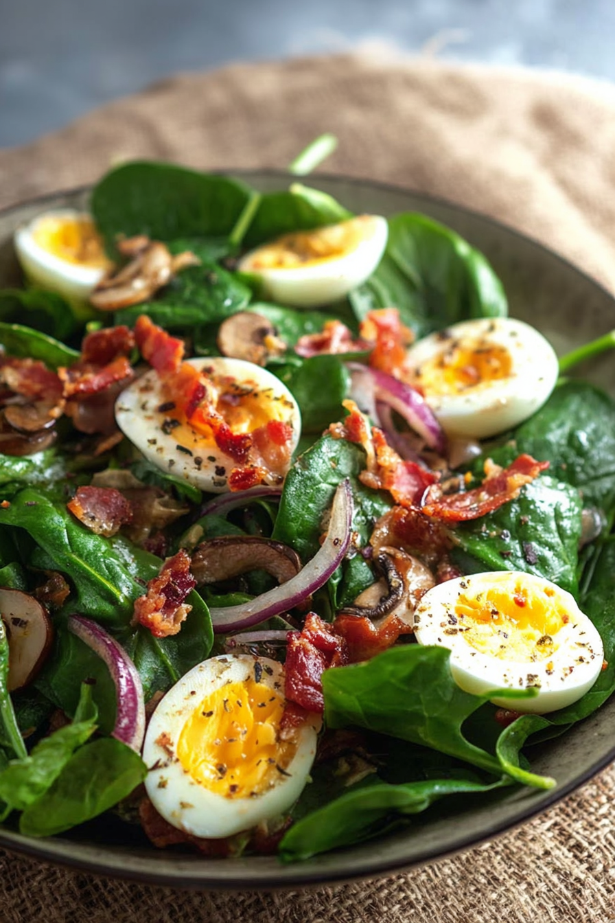 Close-up of tender spinach leaves tossed with bacon and lightly seasoned eggs.