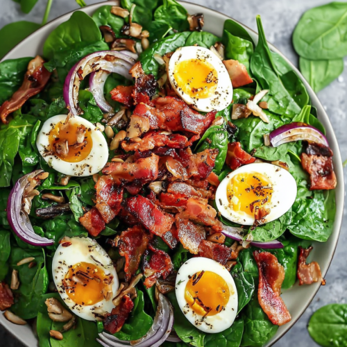 Homemade spinach and bacon salad served with soft-centered eggs and caramelized bits.