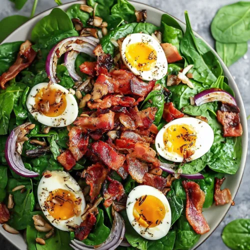 Homemade spinach and bacon salad served with soft-centered eggs and caramelized bits.
