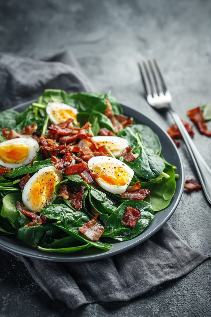 Fresh baby spinach topped with crispy bacon, soft-boiled eggs, and sautรฉed onions.
