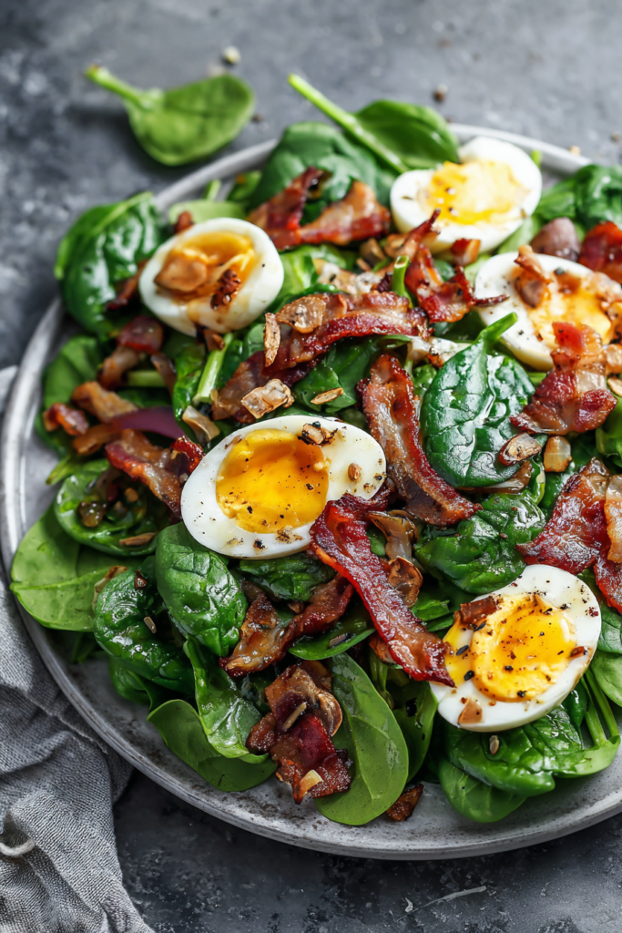 Hearty green salad with warm bacon pieces and jammy eggs on a rustic plate.