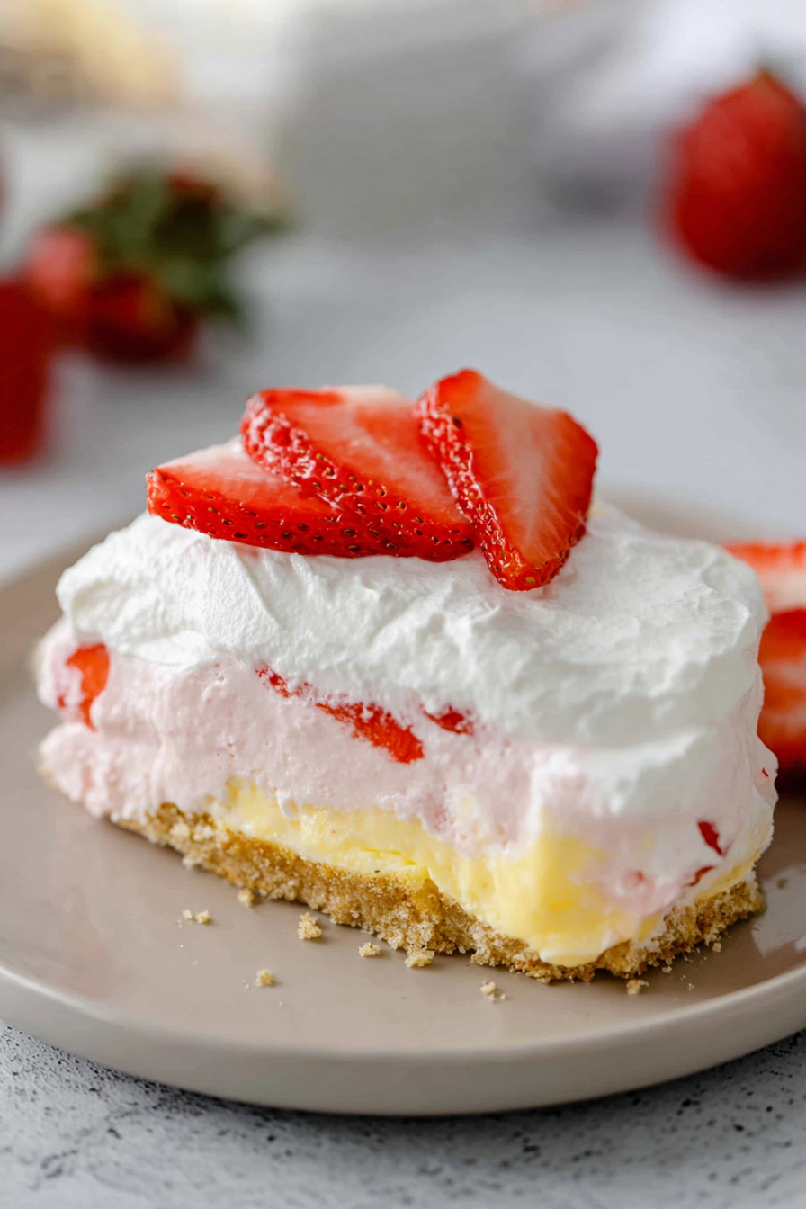 No-bake layered dessert with strawberry filling, cream layer, and crumb crust.