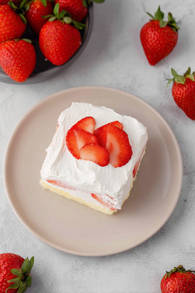Slice of creamy strawberry dessert topped with fresh berries and whipped topping.