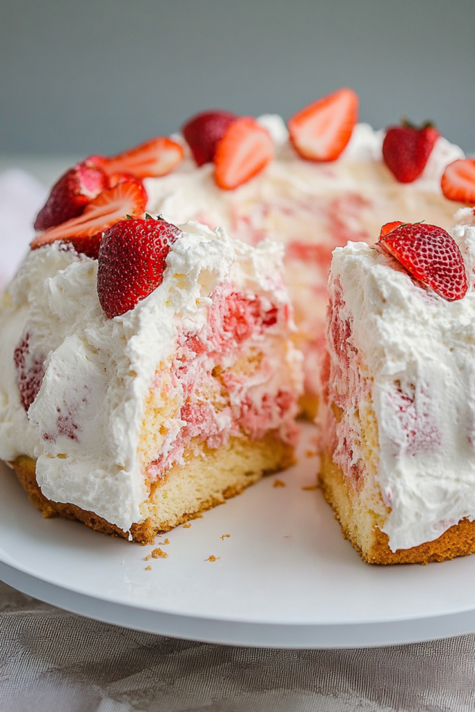 Light, airy dessert with a crown of berries and cream.