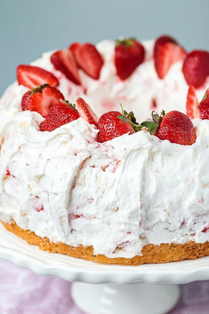 Close-up of halved strawberries nestled into a creamy topping.