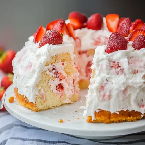 Fluffy golden cake topped with whipped cream and fresh strawberries.