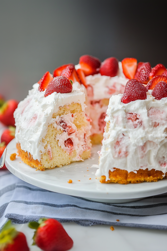 Fluffy golden cake topped with whipped cream and fresh strawberries.