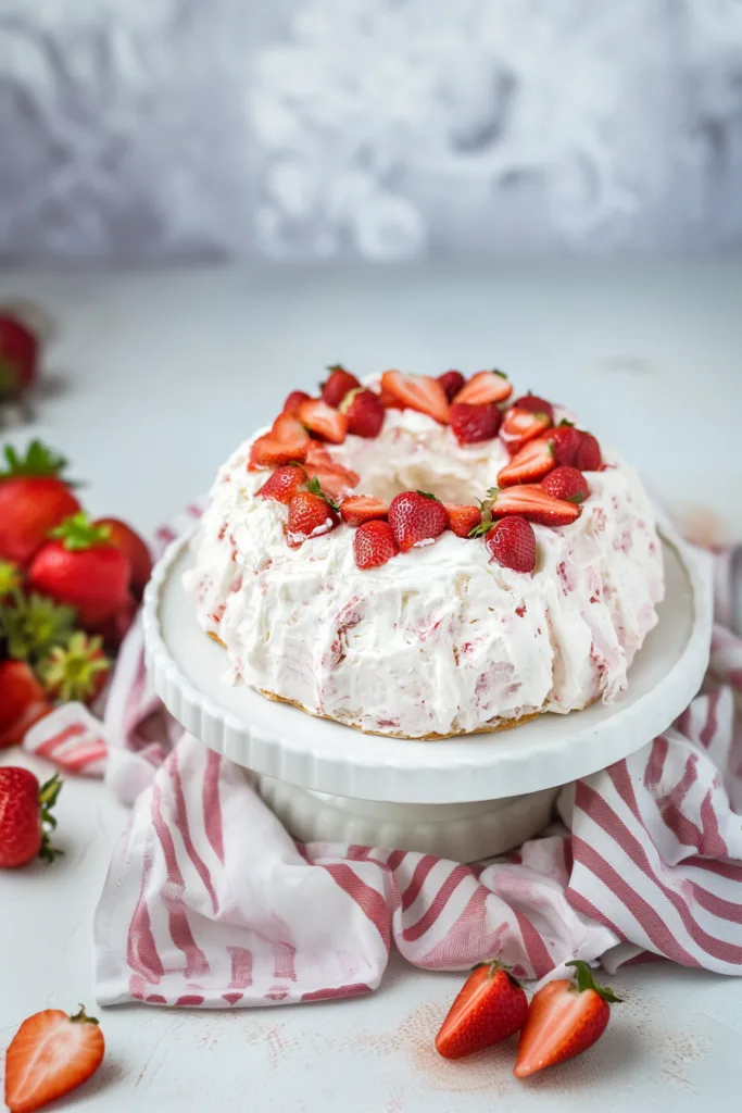 Strawberry angel cake displayed on a white stand, ready to serve.
