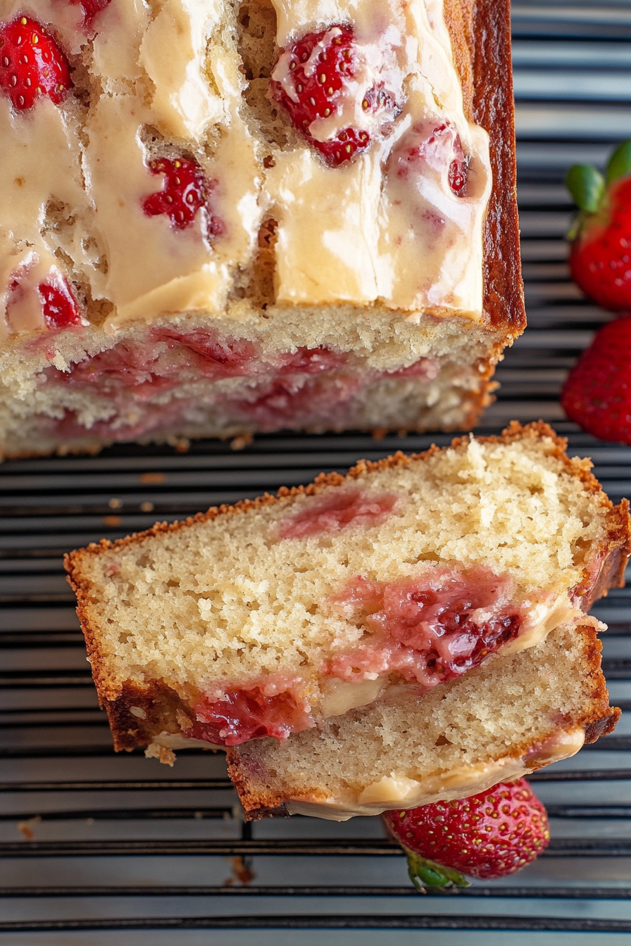 Sliced quick bread cooling on a rack with berries scattered around.