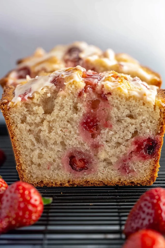 Golden-brown loaf with glossy icing and visible strawberry pieces.