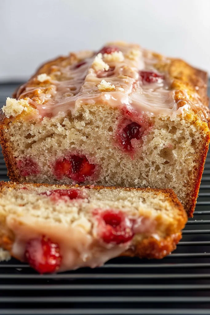 Close-up of a glazed loaf highlighting its fluffy texture and berry specks.