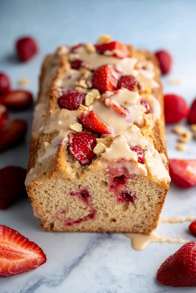 Fruit-filled bread served with fresh strawberries for garnish.